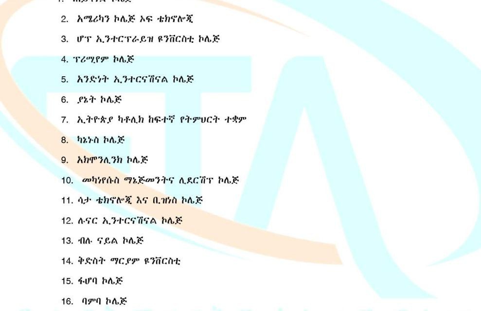 በ2015 ዓ.ም የመውጫ ፈተና (Exit Exam) የሚወስዱ ተማሪዎችን መረጃ አሟልተው የላኩ የግል የከፍተኛ ትምህርት ተቋማት ዝርዝር፡-